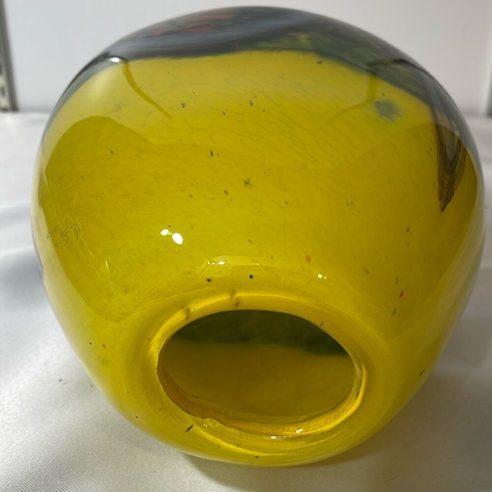 Signed Hand Blown  Glass Vase Yellow Blue Orange Oval By Romanian Artist - Picture 5 of 8